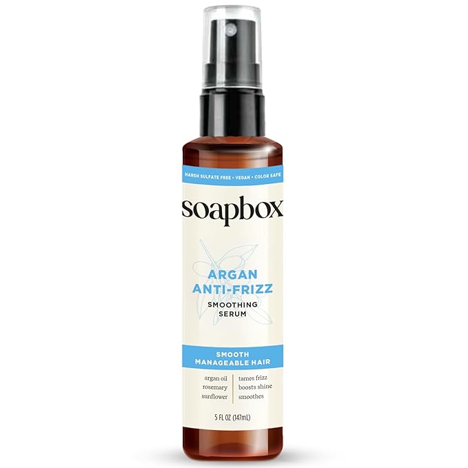 Soapbox Smoothing Argan Oil Serum, Controls Frizz & Adds Shine - Lightweight Anti Frizz Hair Serum with Shea Butter - Clean Ingredients Free of Harsh Chemicals, Sulfates, Parabens & Silicones - 5oz
