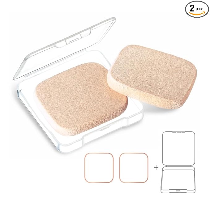 OWLFAVO 2pcs Square Makeup Sponges with 1 Travel Case, Beauty Face Primer Compact Powder Puff, Blender Sponge Replacement for Cosmetic Flawless Foundation