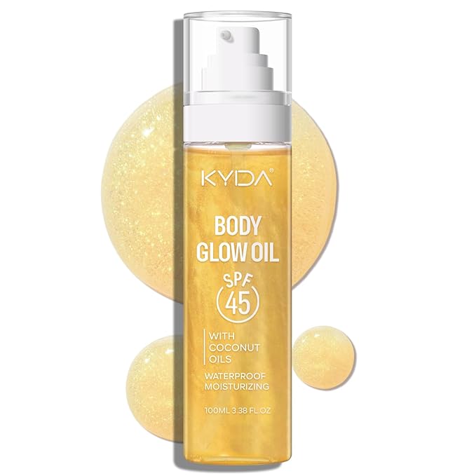 KYDA Travel Size Sunscreen, SPF 45 Body Glow Oil with Sequin Mica, Lightweight Moisturizing Coconuts Sunscreen SPF Glow Oil, Sun-kissed Shimmer Body Lotion, Water Resistant, 3.38 fl oz, GOLD