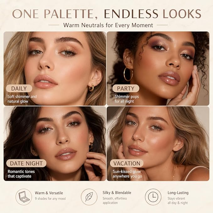9 Colors Baked Makeup Palette, All in One Eyeshadow, Blush, Highlighter and Bronzer, Neutral Warm Tones, Natural Finish, Travel-Friendly Compact (White)