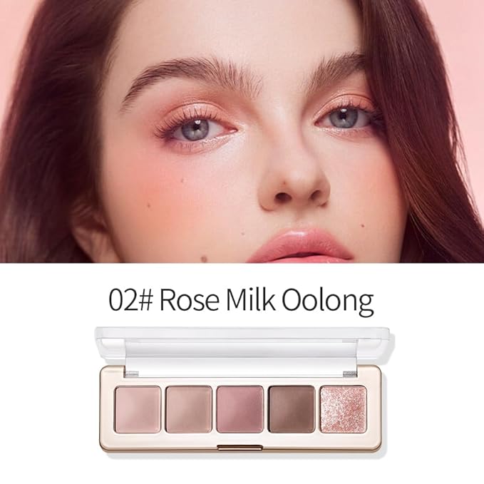 Pink Brown Mauve Neutral Matte & Shimmer Eyeshadow, 5 Color Highly Pigmented Blendable Soft Eye Shadow Palette Makeup for Older Women, Long Lasting Mini Travel Size, Suitable for Mature Skin 02#