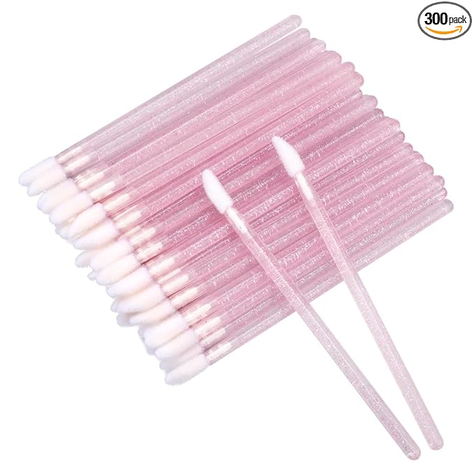 G2PLUS 300PCS Lip Brushes, Crystal Disposable Lip Brushes, Glitter Lip Gloss Applicators, Lipstick Gloss Wands Applicator Makeup Tool Kits for Lipstick and Lip Gloss (Pink)