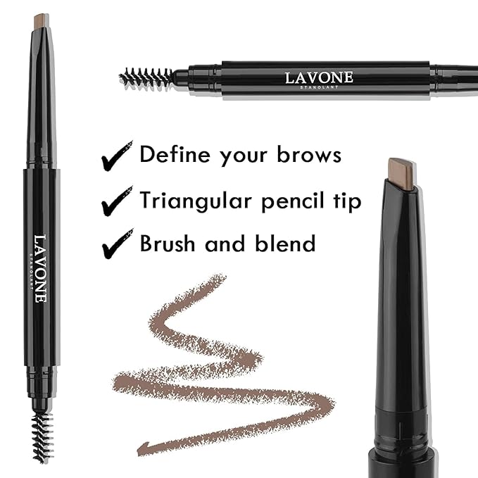LAVONE Eyebrow Pencil - Makeup Waterproof Brow Pen with Triangular Tip, Dual-Sided Brow Brush, Precise, Fine Tip, Fills Eyebrows Creates Natural Looking Brow, with Hair Clips - Soft Brown