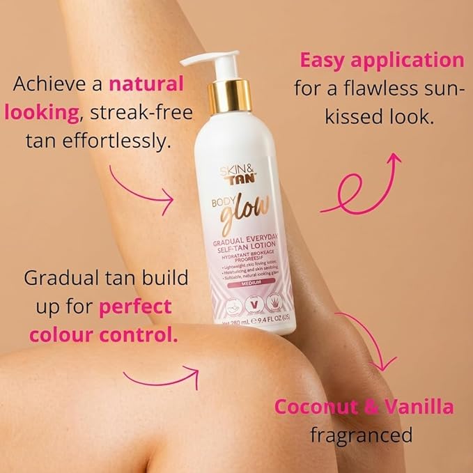 SKIN & TAN Body Glow Blush Gradual Tan Lotion - Peach Scent, Illuminating Shimmer Tint, Moisturizing Formula for Natural Looking Sunless Tanner 9.8 oz