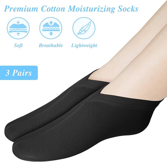 3 Pairs Foot Moisturiser Socks Overnight, Spa Cotton Socks for Foot Cream, Lotion Sock for Moisturising for Dry Feet Care, Moisturising Sock for Cracked Heel Repair Women Men (Black)