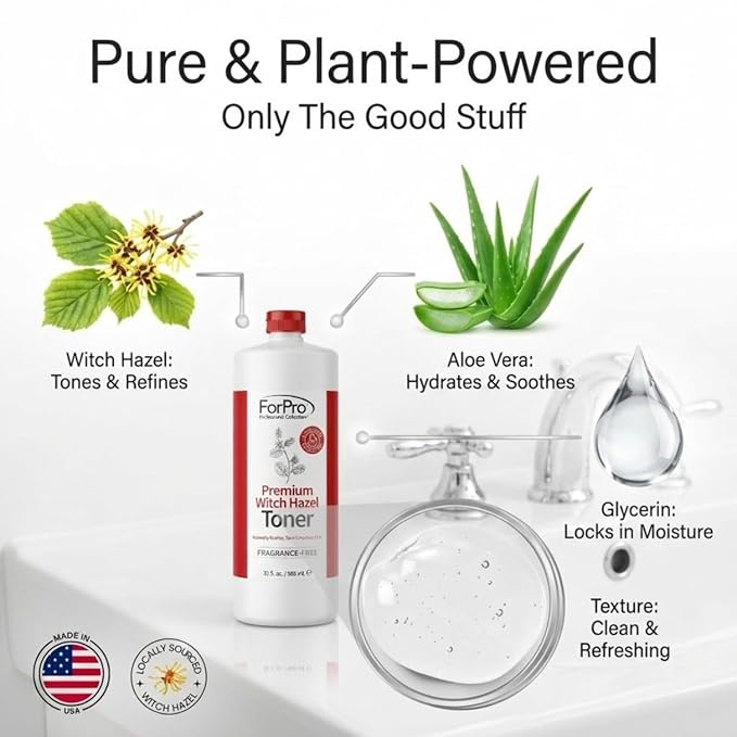 ForPro Witch Hazel Facial Toner with Aloe Vera & Glycerin, Alcohol-Free Face Toner for Sensitive Skin, Pore Minimizing, Hydrating & Fragrance-Free, Vegan, 32 Fl Oz