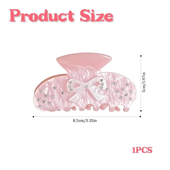 Bow Claw Clip for Women, Non-Slip Sparkling, Pink Cute Extra Large Claw Clips for Thick Hair, Strong Hold Hair Accessories for Workout Party Everyday Use