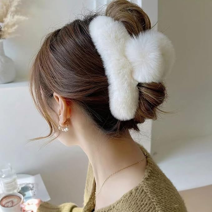YOYLMAL Large Faux Fur Hair Claw Clip for Women, 5.1 Inches Winter Fluffy Fuzzy Hair Clips, Nonslip Strong Hold Furry Big Jaw Clamp for Thick Long Hair (White)