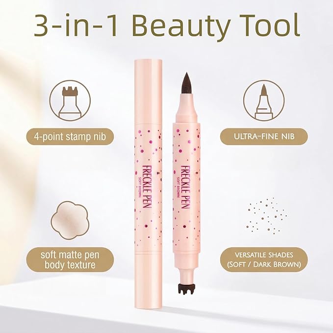3-in-1 Freckle Stamp Freckle Pen & Eyebrow Pen : 4-Point Stamp for Natural Faux Freckles, Waterproof & Long-Lasting. Dual-Ended Multi-Tool for Brows & Sunkissed Looks (2PC Soft Brown&Dark Brown)