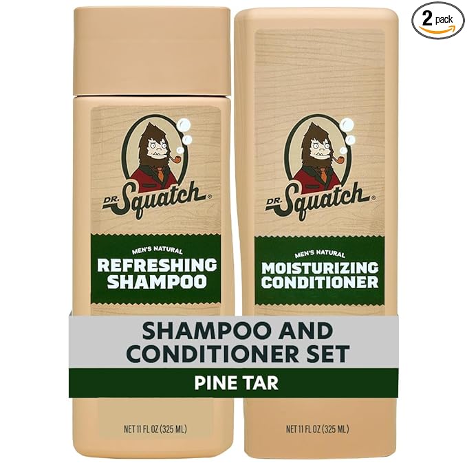 Dr. Squatch Men's Natural Shampoo and Conditioner Set – Sulfate & Paraben Free Natural Shampoo and Conditioner for Men – Scalp Nourishing Formula – Pine Tar (11 fl oz, 2-Pack)