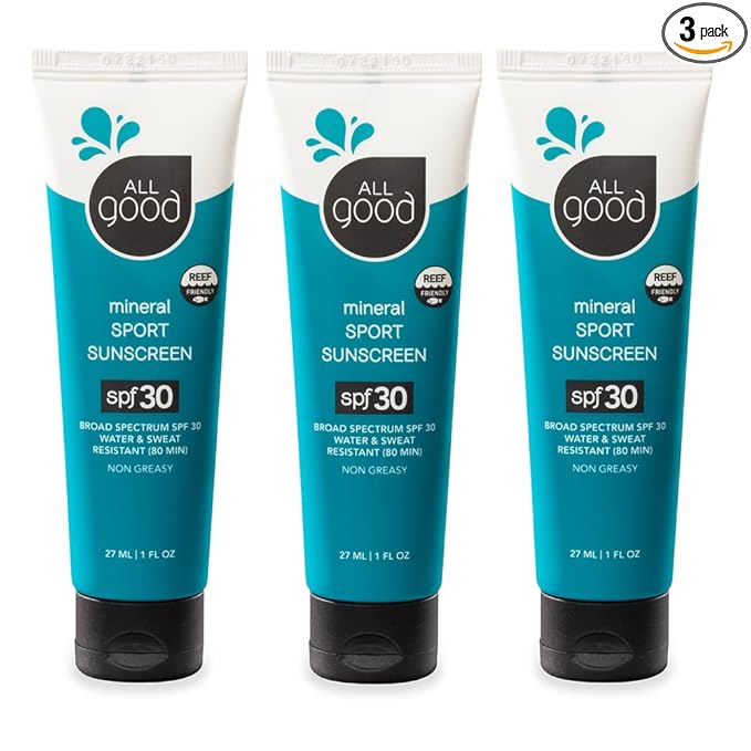 All Good Travel-Sized Sport Face & Body Sunscreen Lotion - TSA-Friendly, Camping, Backpacking - UVA/UVB Broad Spectrum SPF 30+, Water Resistant (1 oz)(3-Pack)
