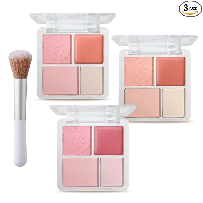 3Pcs 4 Colors Blush Palette for Cheeks with Make Up Brush, Face Matte Contour Blush Makeup Palette, Buildable Shimmer Facial Cheek Blusher Shades, Blendable Cosmetic Makeup Blush