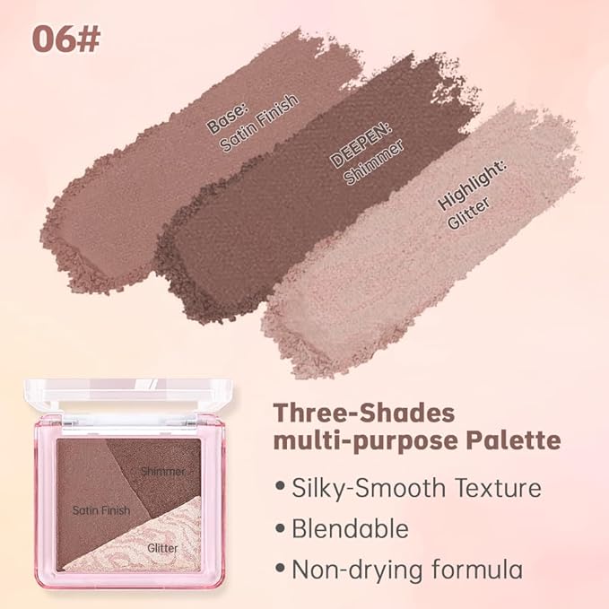 Neutral Brown Nude Shimmer Baked Eyeshadow Palette, 3 Color High Pigment Blendable Eye Shadow Makeup for Older Women,Travel Mini Palette Suitable for All Eye Shapes Vegan Cruelty-Free Smokey Look 06#