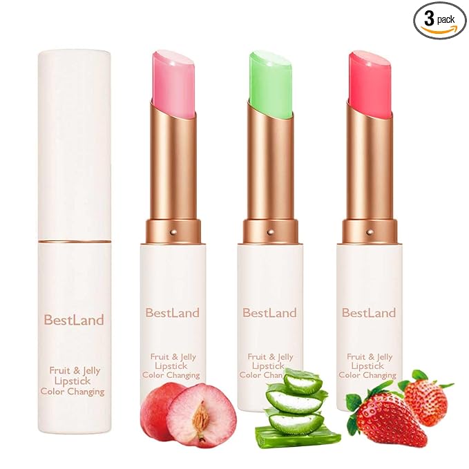 3 Pcs/Set Strawberry, Peach & Aloe Jelly Lipstick Set, Color Changing Lip And Cheek Stain | PH-Activated Temperature Reactive Moisturizing Lipstick for Dry & Mature Lips, Hydrating Long-Lasting Lip