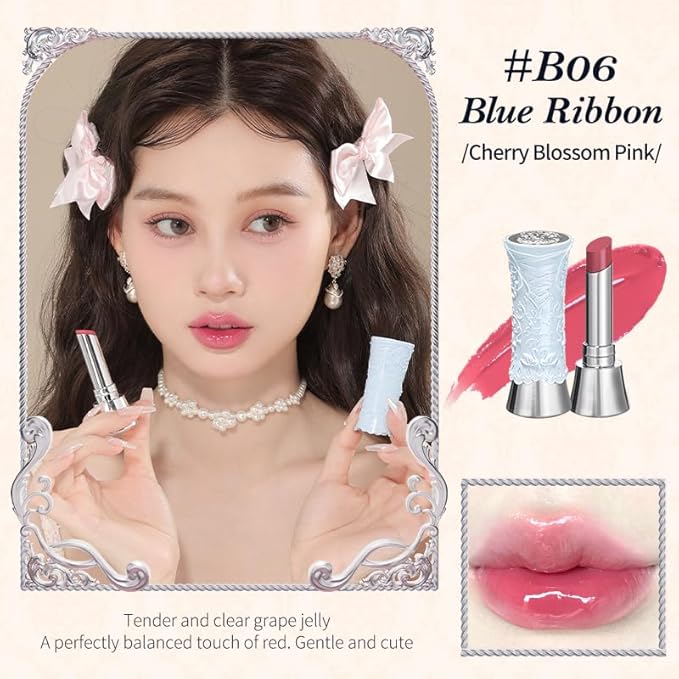 Flower Knows Little Angel Cream Blush and Swan Ballet Shine Lip Gloss Stick Set,Buildable & Blendable Dewy Makeup,Soft Long-Lasting Cute Make Up(Blush 04 Rose Ashes + Lipstick B06 Blue Ribbon)