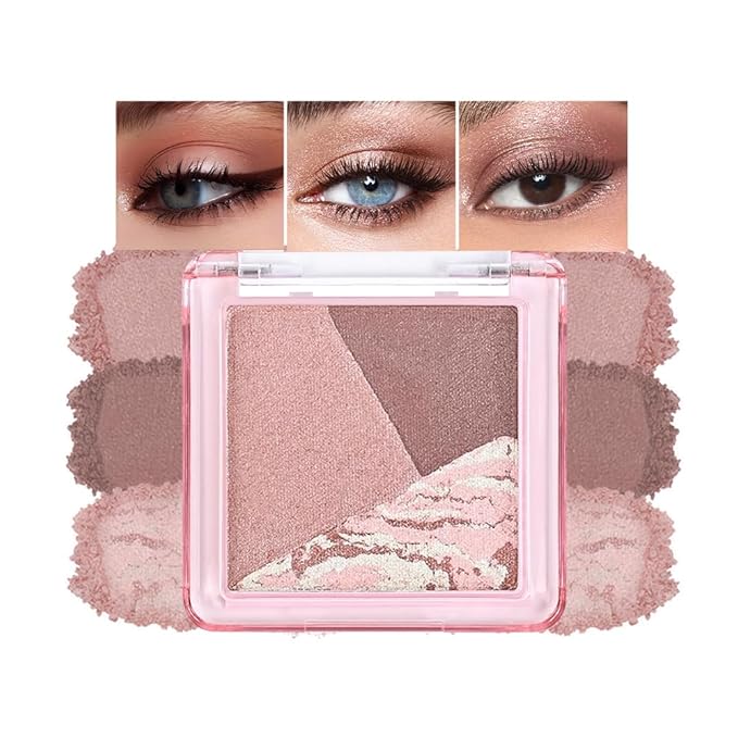 Rose Brown Shimmer Baked Eyeshadow Palette, 3 Color High Pigment Blendable Eye Shadow Makeup for Older Women, Travel Mini Palette Suitable for All Eye Shapes, Vegan Cruelty-Free Romantic Look 03#