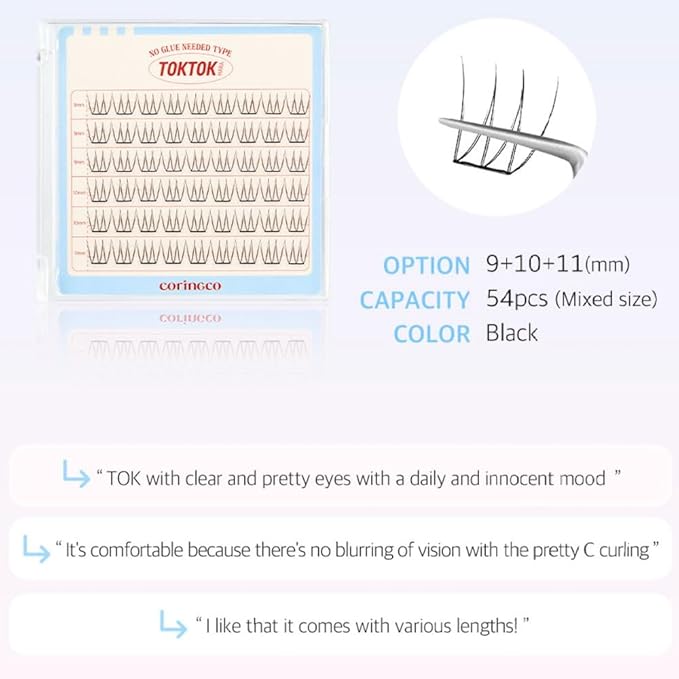 CORINGCO Toktok Hara Light Self Adhesive False Eyelashes, Natural Look, No Glue Needed, Assorted Set of 9/10/11mm, Reusable Lash Clusters Kbeauty (Pure light)