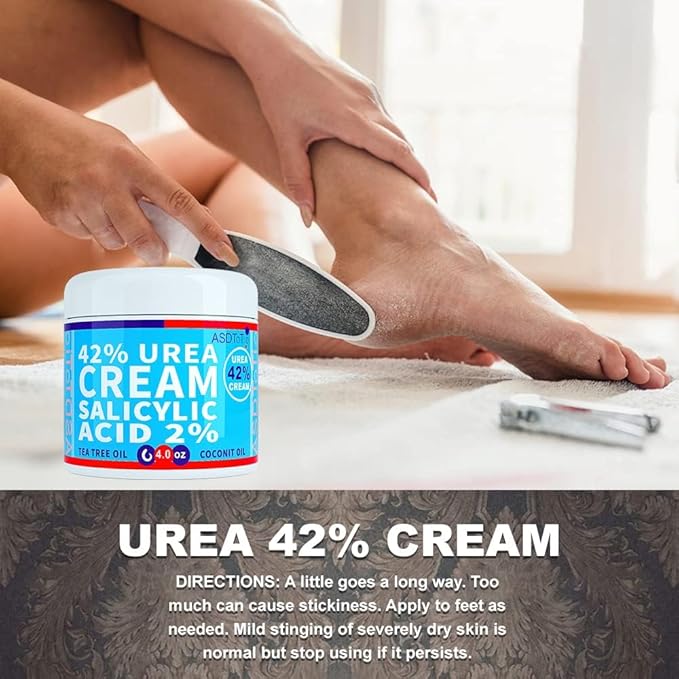 ASDToTio Urea Cream 42% - Premium Urea Foot Cream - With 2% Salicylic Acid, Tea Tree Oil, Shea Butter, Aloe Vera - For Feet, Hands, Heels, Elbows, Knees and More - 8 oz