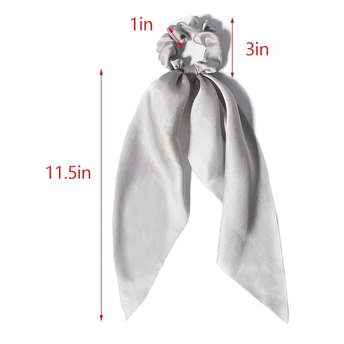 LFOUVRE Pack of 2 Knotted Bow Hair Scrunchies, 3 inch Diameter, 11.5 inch Hair Ribbon, Silky Satin Hair Scarf Hair Ties Bands, Hair Accessories for Women and Girls(Gray)