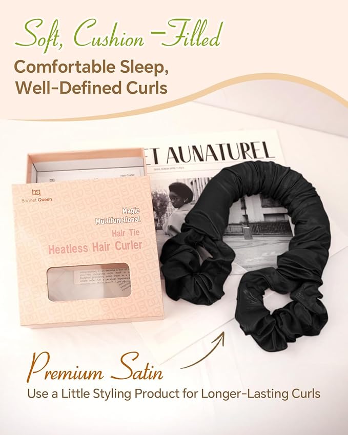 BONNET QUEEN Satin Heatless Hair Curler, Overnight Curls for Long Hair, Ultra Soft Daily Use of Hair Accessories & 2 Scrunchies, Damage-Free Styling, Soft Hair Curlers for Overnight, Light Black