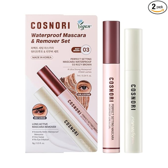 COSNORI Waterproof Mascara & Remover Set 03 Rosy Brown - Ultra-Strong Waterproof Mascara with Gentle Eye Makeup Remover, Smudge-Proof & Easy Cleansing Duo (03 Rosy Brown + Mascara Remover)