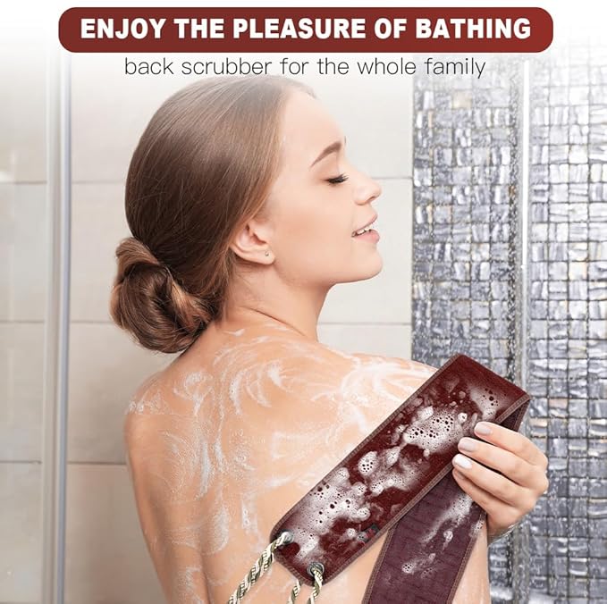 URAQT Exfoliating Towel with Handle, Exfoliating Body Scrubber, 37 Inches Exfoliating Back Scrub, Deep Cleaning, Back Scrubber Washer, Back Scrubber Washer for Men and Women,Brown