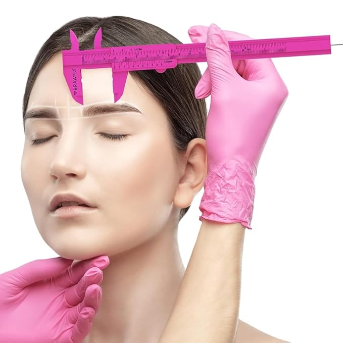 BRAWNA 1 Pc Brow Pro Measuring Tool - Double Scale Eyebrow Ruler for Microblading - Eyebrow Mapping - Caliper Vernier - PMU Supplies - Eyebrow Calipers Ruler Plastic- Pink