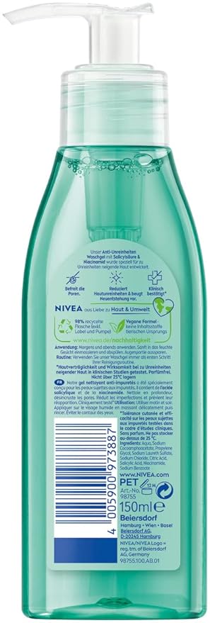 NIVEA Derma Skin Clear Facial Cleansing Gel 150 ml (5.07 fl oz) – Daily Purifying Face Wash with Salicylic Acid, Niacinamide & Sea Salt – For Oily & Blemish-Prone Skin