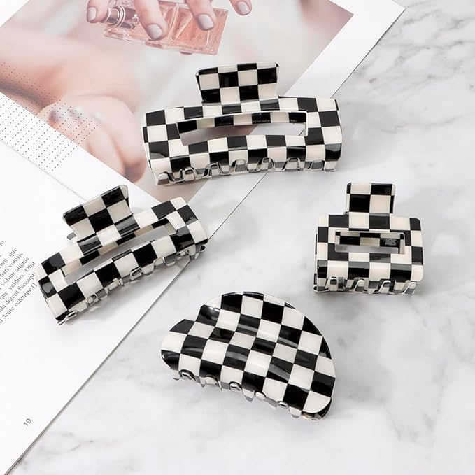 Atoden Checkered Hair Clips for Thick Thin Hair 4Pcs Large Medium Small Square Claw Clips Non Slip Strong Hold Jaw Clips Y2K Hair Accessories for Women Girls Black White