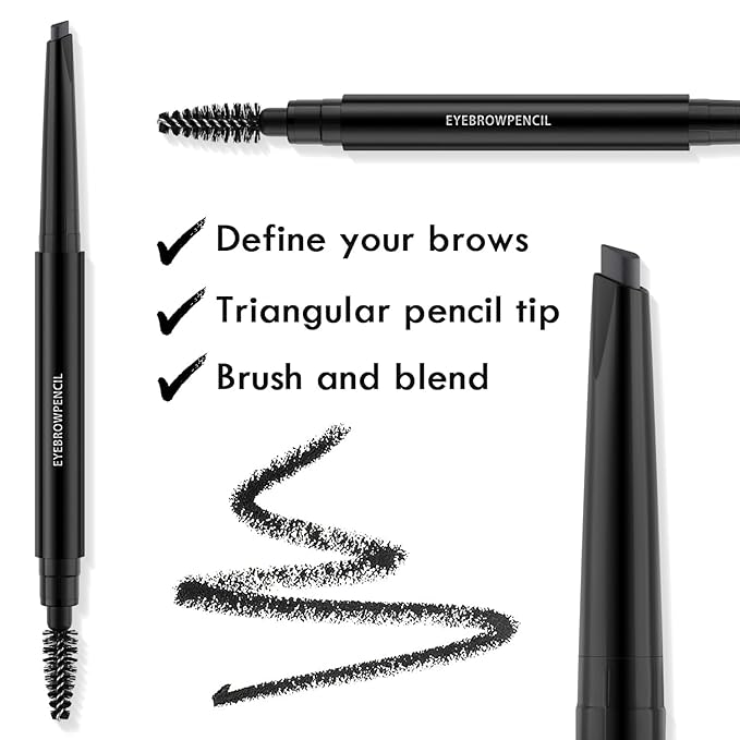 Eyebrow Pencil - Makeup Waterproof Brow Pencil with Triangular Tip, Dual-Sided Brow Brush, Precise, Fine Tip, Fills Brows Creates Natural Looking Brow, with Hair Clips - Black