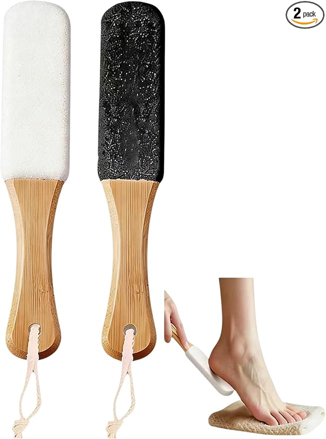 2-Pack Professional Pedicure Foot File with Wooden Handle & Pumice Stone - Callus Remover for Feet & Hands, Foot Scrubber for Dead Skin, Dry Rough Feet, Cracked Heels and Corns