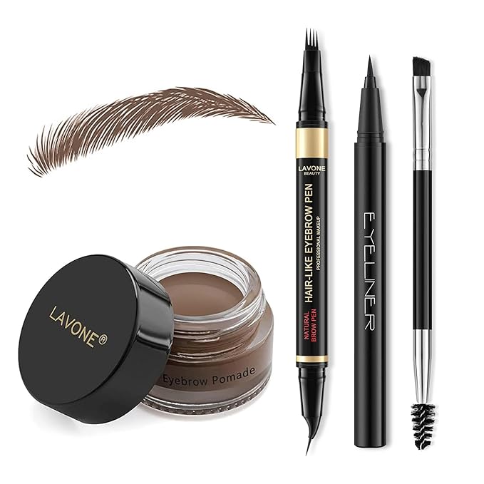 LAVONE Eyebrow Pen Makeup Kit, with 4 Tip Waterproof Curved Eyebrow Pen, Eyebrow Pomade, Eyeliner and Dual-ended Eyebrow Brush - Dark Brown 01