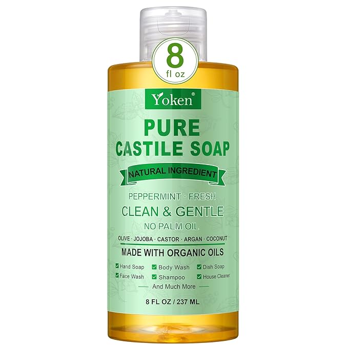 Yoken Peppermint Castile Soap Liquid 8 OZ, Made with Certified Organic Oils, Gentle Peppermint Soap for Body Wash, Face, Hands, Dishes, Laundry & More - Vegan & Natural Ingredients Versatile Cleanser