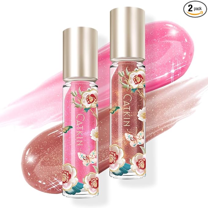 Catkin Lip Plumper Gloss 2pcs, Tinted Lip Serum with Hyaluronic Acid & Jojoba Oil, Non-sticky Volumizing Hydrating Formula for a High Shine Maximum 3D Look, Plump & Soft Lips 0.12 Fl Oz X 2, 01