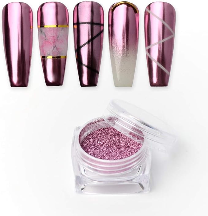 Rose Gold Chrome Nail Art Powder Mirror Effect Metallic Glitter Reflective Pigment Dust Decoration for DIY Manicure Gel Polish Nail Art 1g/Bottle
