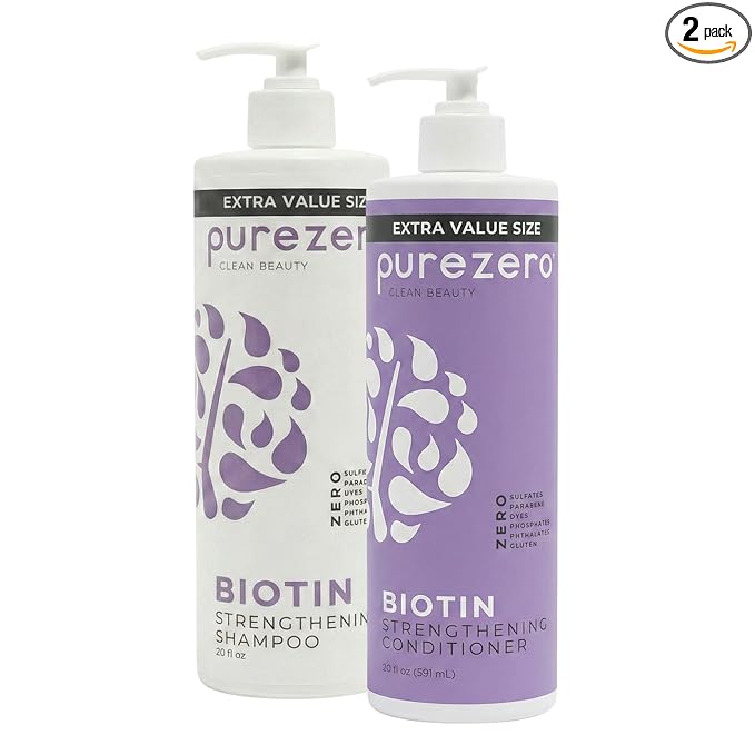 Purezero Biotin Shampoo & Conditioner Set - Anti Thinning Formula - Volumizing, Thicker, Fuller Hair - Zero Sulfates, Parabens, Dyes, Gluten - 100% Vegan & Cruelty Free (20 Fl Oz (Pack of 2))