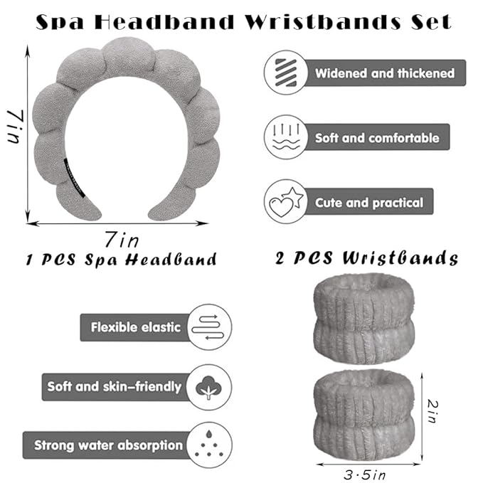 Spa Headbands for Washing Face Wristband Set Sponge Makeup Skincare Headband Wrist Towels Bubble Soft Terry Towel Cloth Hairband for Women Puffy Headwear Non Slip Thick Thin Hair Headwear (Dark gray)