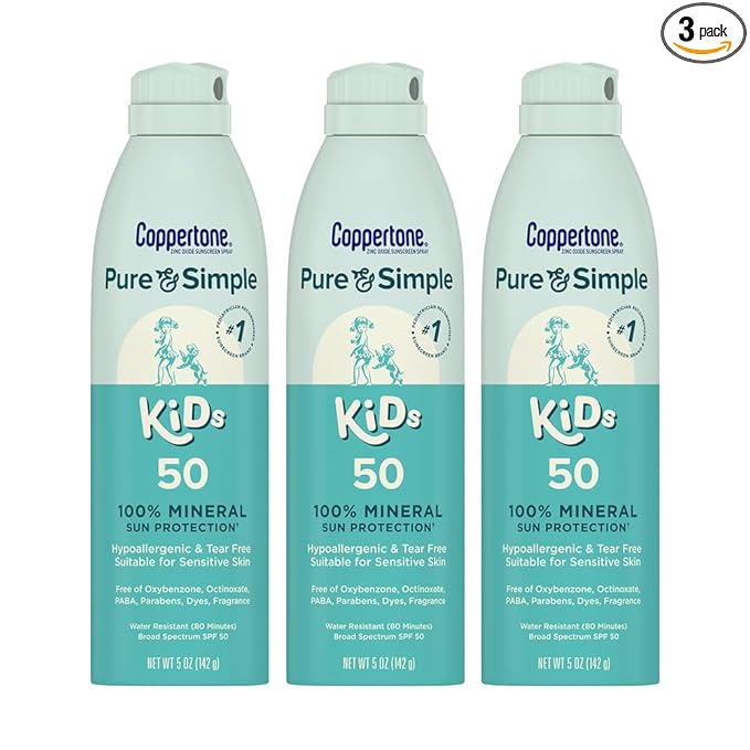 Coppertone Pure and Simple Kids Sunscreen Spray SPF 50, Zinc Oxide Mineral Sunscreen for Sensitive Skin, Hypoallergenic and Tear Free, 5 Oz Can, Pack of 3