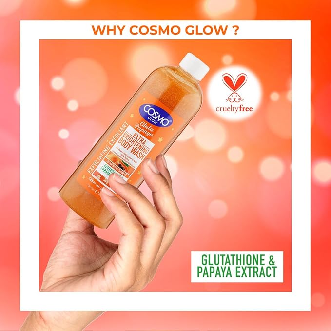 Cosmo Glow Gluta Papaya Extra Brightening Exfoliating Body Wash 1000ml/33.8fl.oz, Made With Glutathione & Papaya Extract, Skin Care, Moisturizer, Brighten, Hydrate, Shower Gel, Body Scrub