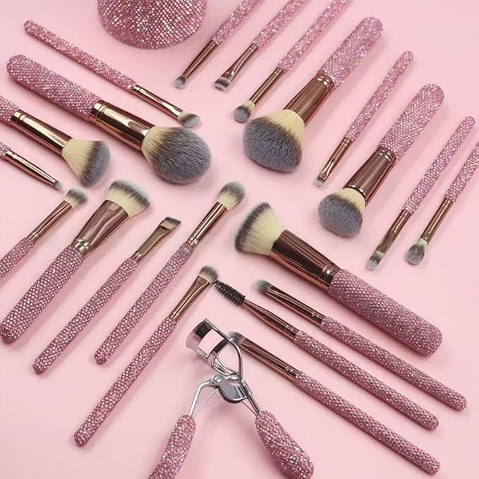 Stlalsa-Professional Makeup Brush Set, 23 Pieces, Pink and White Synthetic Brushes with Diamond Handle, for Powder, Contour, Eyeshadow Application (plata)