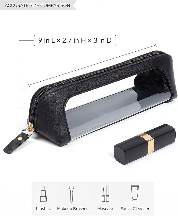 LETGO Clear Makeup Bag Travel Cosmetic Case Transparent Toiletry Bag with Zipper, Portable Make Up Organizer Traveling Compact Car Bag for Essentials (Slim, Black)
