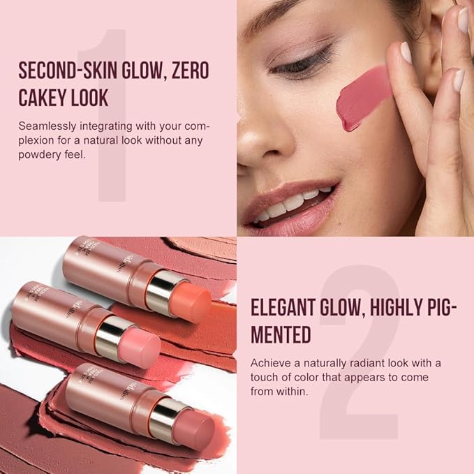 Multi-Use Waterproof Makeup Cream Blush Stick with Brush, 3-in-1 Buildable Blush Stick for Cheeks, Eyes, and Lips, All day wear, Easy Application(01 WHISPER)