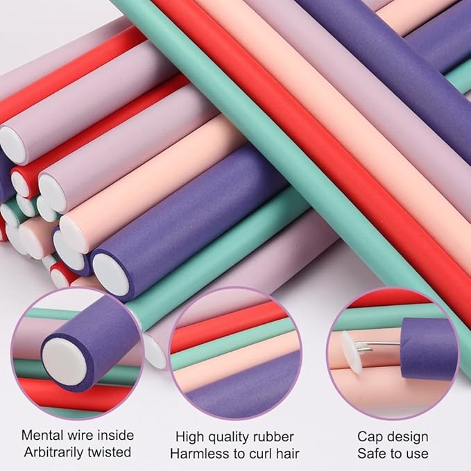 Flexible Hair Curlers to Sleep in, 30PCS Flexi Rods (9.45" and 5 Sizes 0.39"-0.78"), No Heat Heatless Curling Set for Short Medium Long Hair