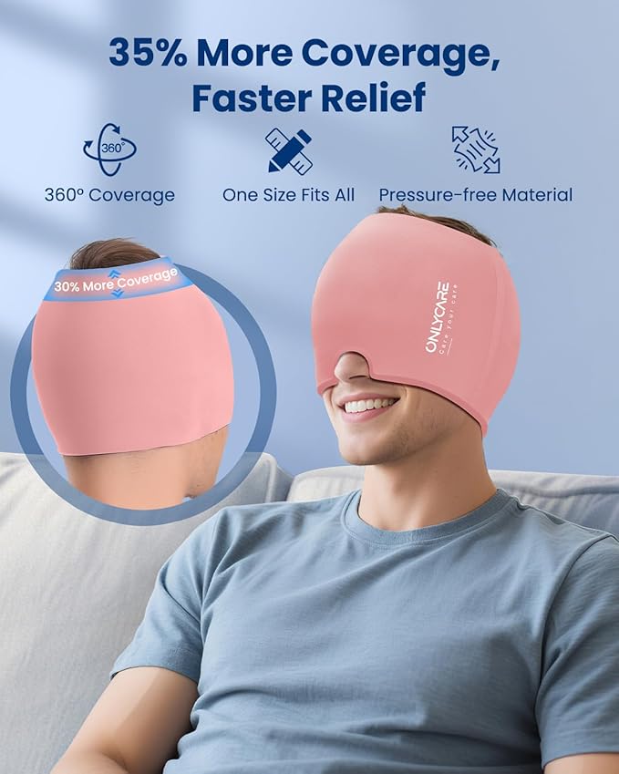 ONLYCARE Migraine Relief Cap, Upgraded Odorless Migraine Ice Head Wrap, Headache Relief Hat for Migraine, Slight-Pink