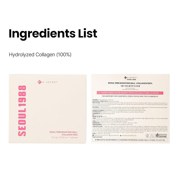 K-SECRET SEOUL 1988 Collagen Boosting Ball – Freeze-Dried 100% Hydrolyzed Collagen | Deep Hydration & Nourishing Care for Fine Lines & Dry Skin | Korean Skincare, 7 Capsules