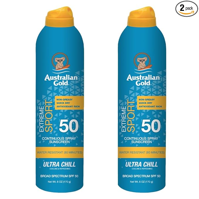 Australian Gold Extreme Sport Continuous Spray Sunscreen SPF 50, 6 Ounce - 2 Pack, Broad Spectrum, Sweat & Water Resistant, Non-Greasy, Vegan, PETA-Approved, Coastal Breeze Scent