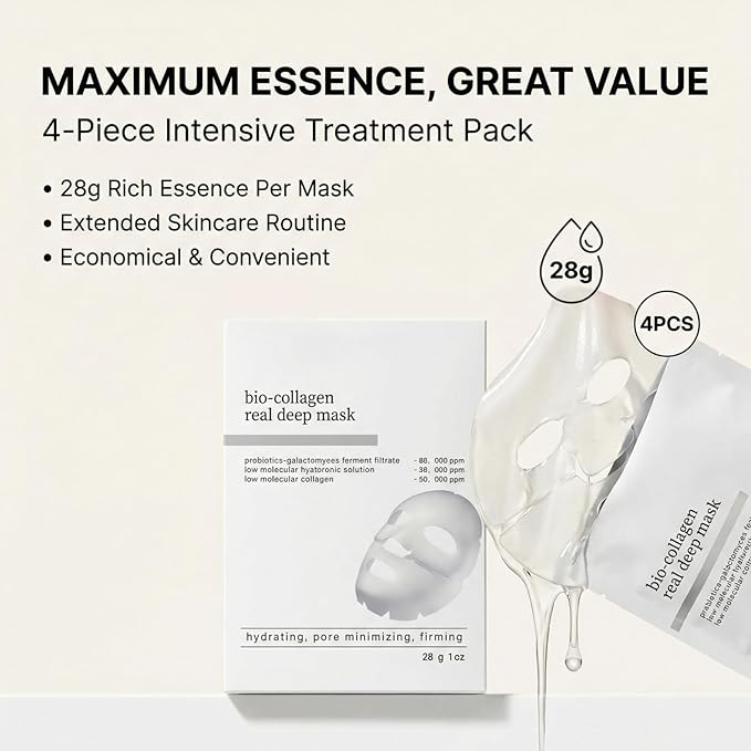 Bio-Collagen Real Deep Mask, Collagen Face Mask Overnight, Deep Hydrating and Firming Facial Mask, Elasticity & Pore Minimizing, Gentle for All Skin Types, 4PCS