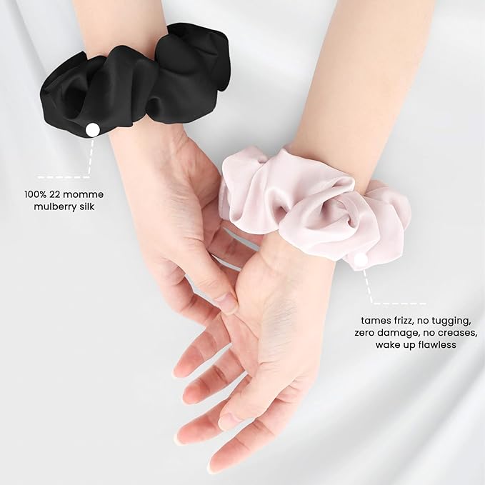 Silk Hair Scrunchies for Women, 100% Mulberry Silk Hair Ties, No Damage for Curly Hair, Large Scrunchie for Sleep, 1-Pack, Light Pink, L