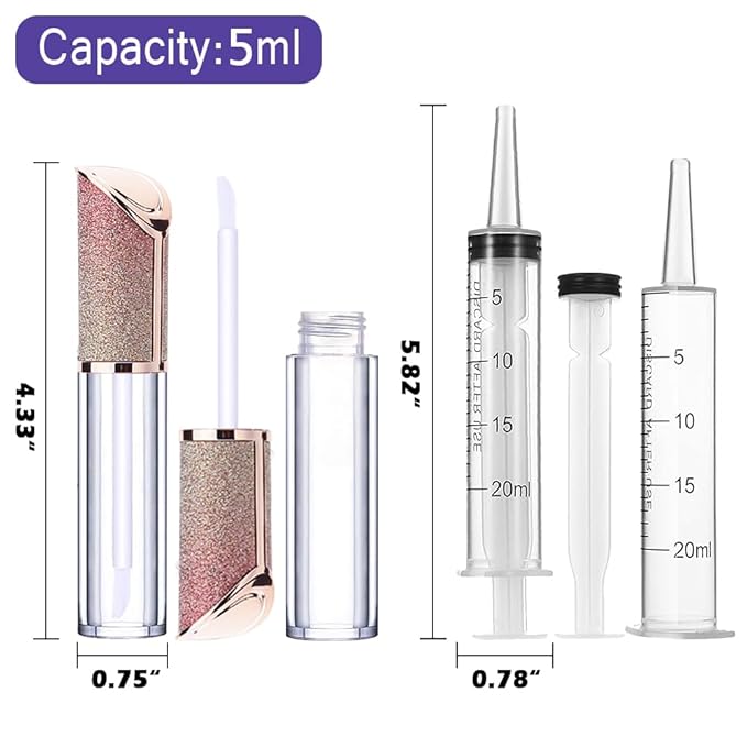 AMORIX 24 Pack 5ml Lip Gloss Tubes with Wand Lip Gloss Containers Lipgloss Supplies Kit with 2pcs Syringes + Free Labels for DIY Lip Gloss, Oblique Cap