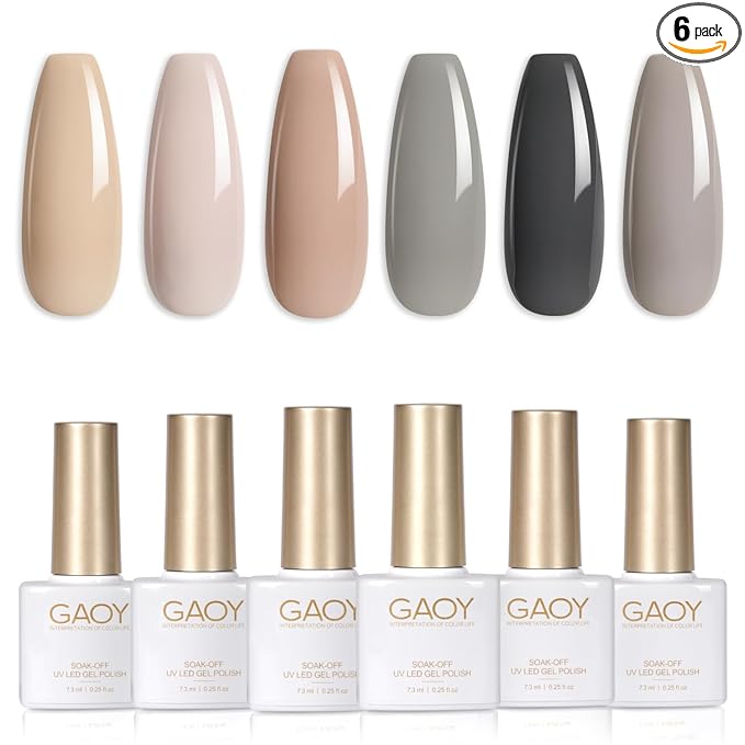 GAOY Gray Gel Nail Polish Set, 6 Colors Nude Brown Beige Soak Off UV Light Cure Gel Polish Kit for Salon and Nail Art DIY at Home